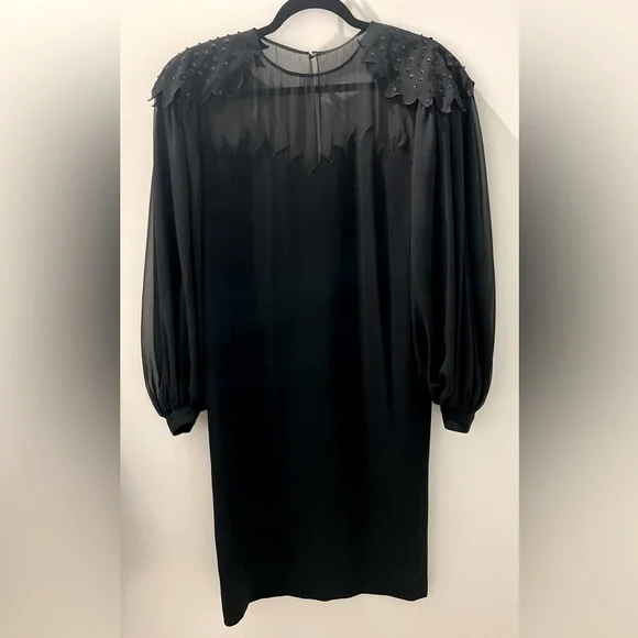 Vintage 80s Black Shift dress with long billowy sleeves and appliqués, small - Picture 2 of 8